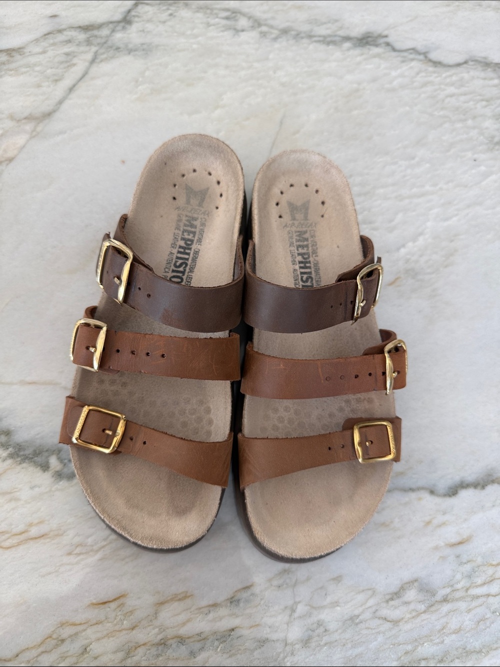 Mephisto Women’s Brown Triple-Strap Sandals with Gold Buckles